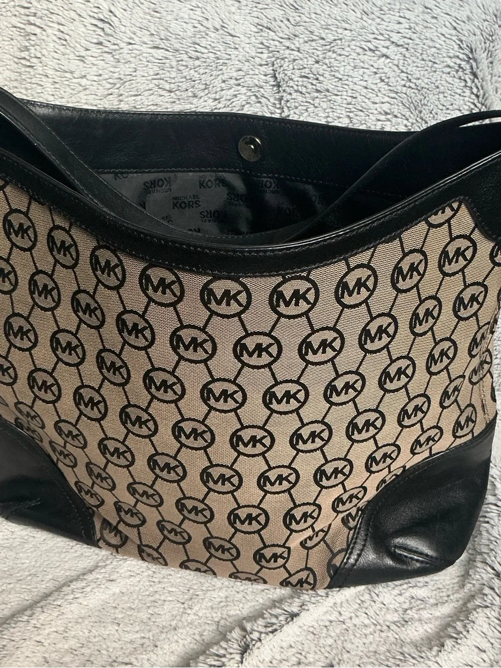 Michael Kors Brown Logo Canvas Shoulder Bag with Black Leather Trim~